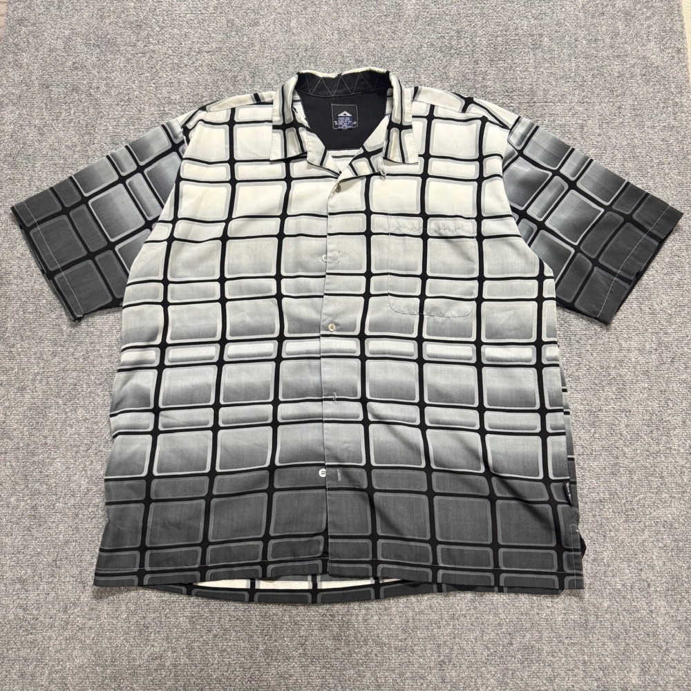 Y2K Raw Blue Dress Shirt Men's 2XL Geometric Button Up Polyester Black/White